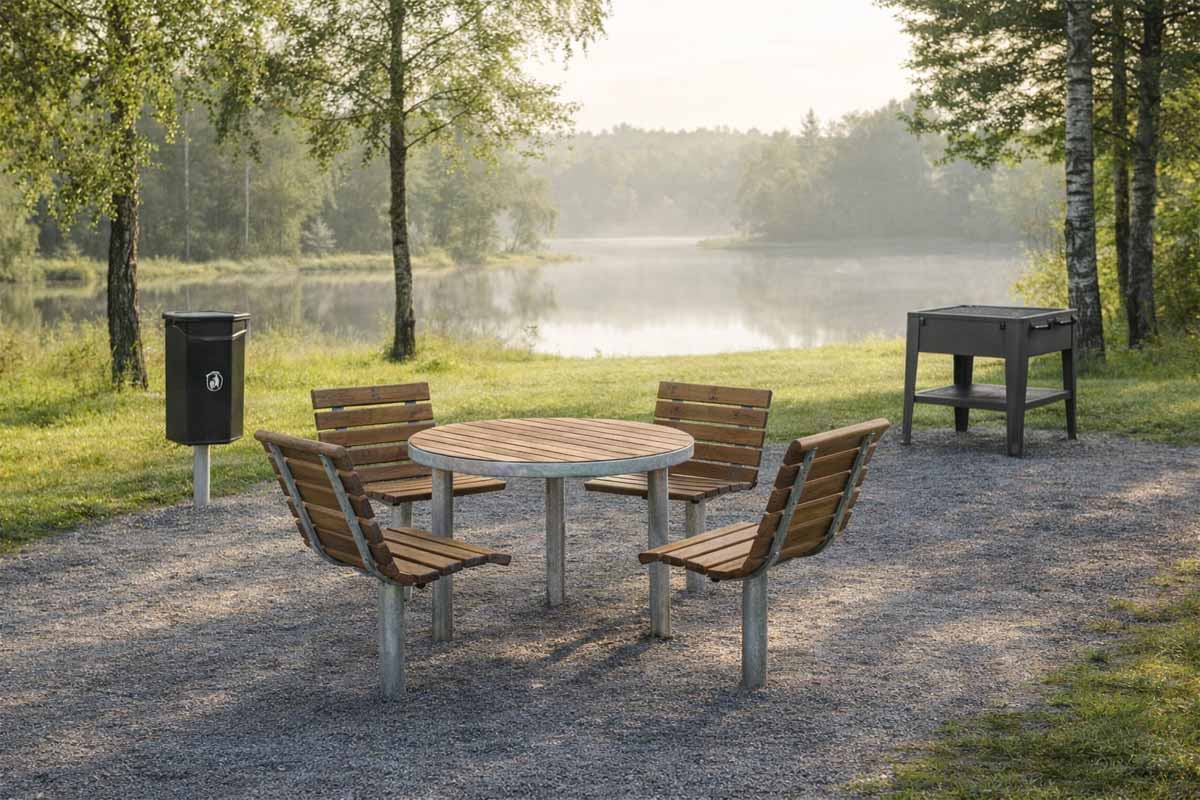 Uteprodukter, parkbänkar och bord till offentlig miljö
